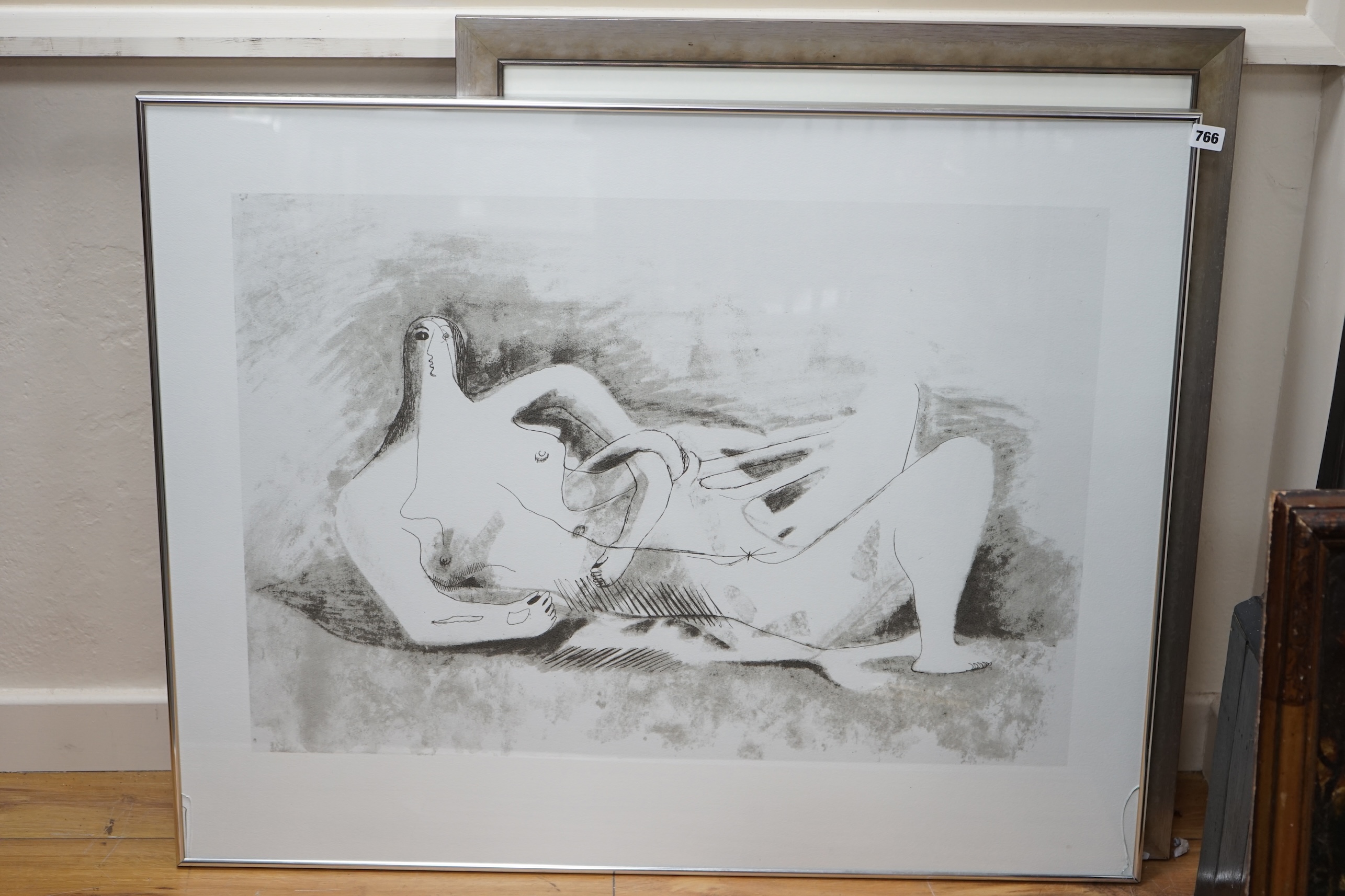 After Henry Moore (1898-1986), lithograph, 'Drawing for figure in metal or reinforced concrete', 78 x 98cm, unsigned. Condition - good, glass cracked